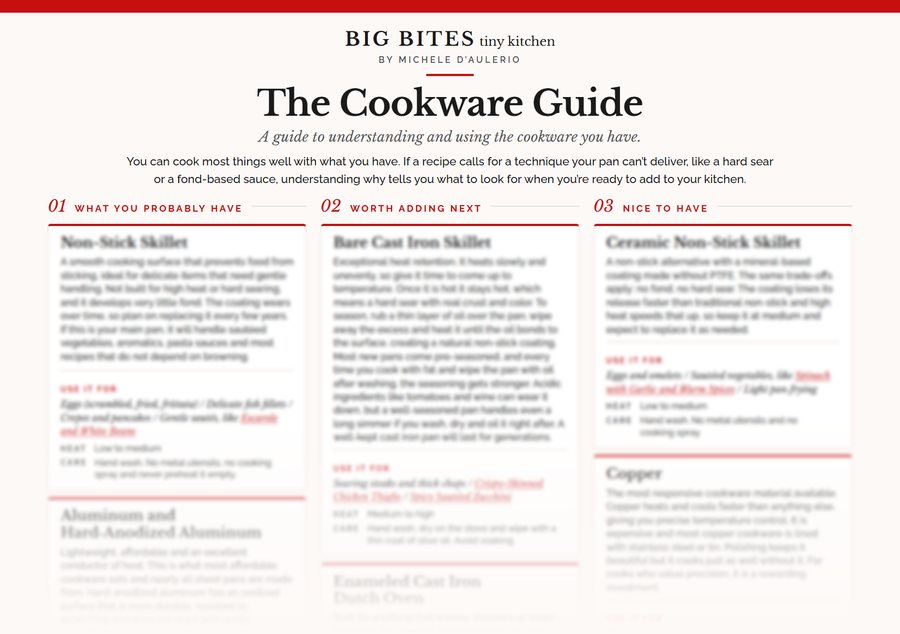 A preview of The Cookware Guide, a one-page guide to eight types of cookware from Big Bites Tiny Kitchen